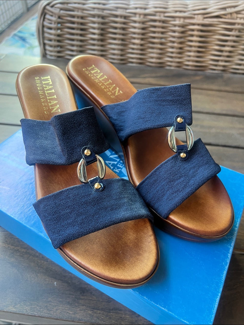 Italian Shoemakers Navy Suede Double-Band Slide with Gold Accents